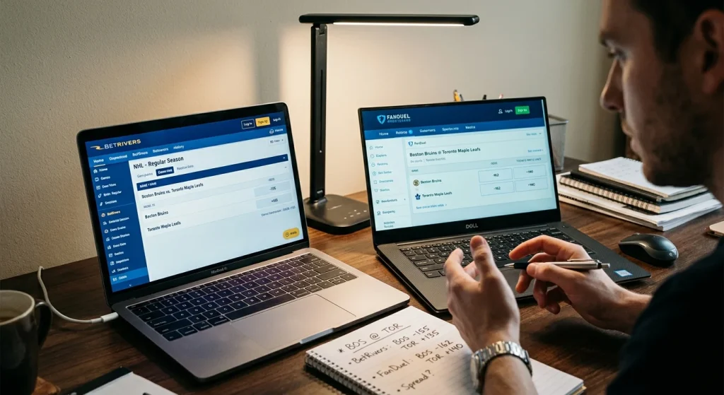 Side by side comparison of NHL odds on two UK bookmaker laptop screens
