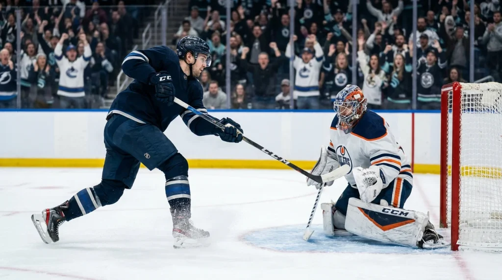Ice hockey player shooting on goal illustrating goals in a single period for totals betting