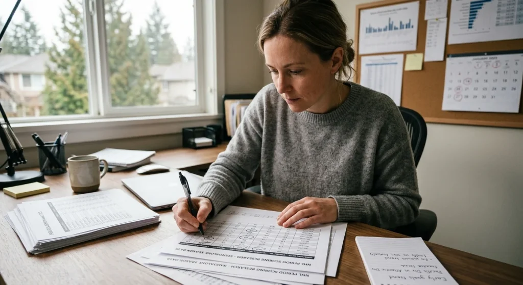 Bettor researching NHL first period scoring patterns for period totals strategy