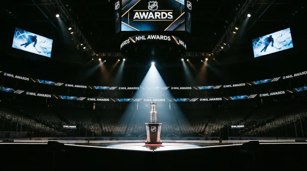 NHL awards trophy on display representing Hart and Art Ross Trophy betting markets