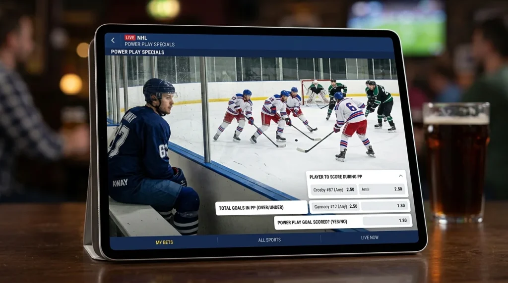NHL power play unit on ice with penalty taker in box, shown on UK betting platform