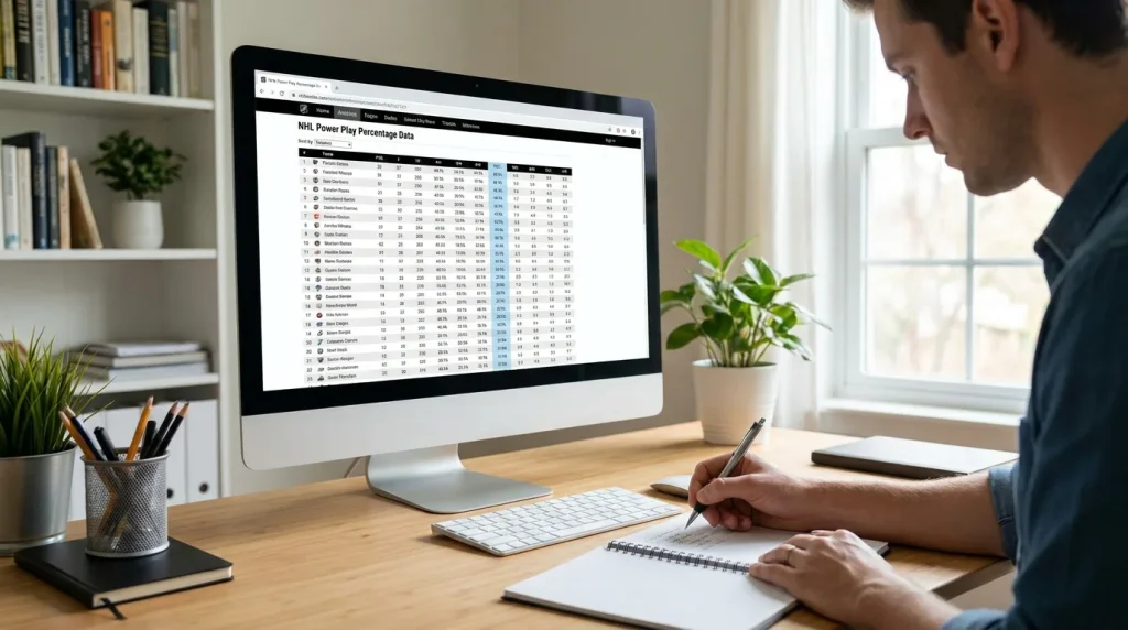 Sports analyst reviewing NHL power play efficiency statistics on an analytics platform