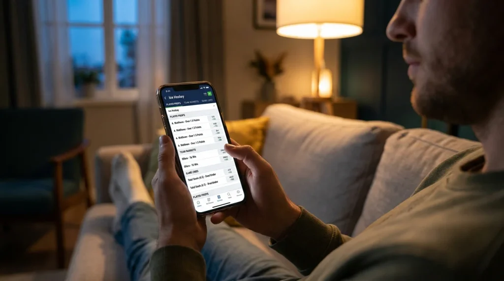 UK bettor checking NHL power play props markets on a sports betting app