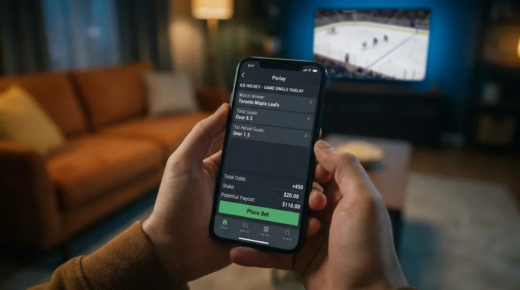 NHL same-game parlay bet slip showing multiple combined markets on a mobile device