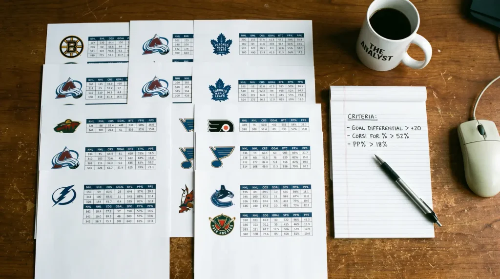 Multiple NHL betting markets laid out for a same-game parlay combination selection