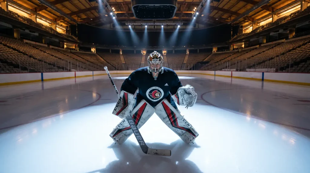 NHL starting goaltender in the crease before puck drop representing goalie start props