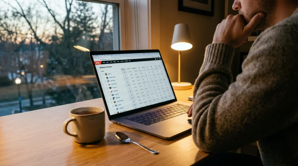 Open laptop showing NHL team statistics on a sports analytics platform for betting research