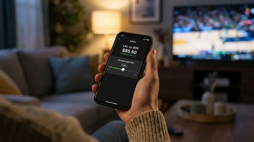 Mobile phone showing partial cash out slider for a hockey bet