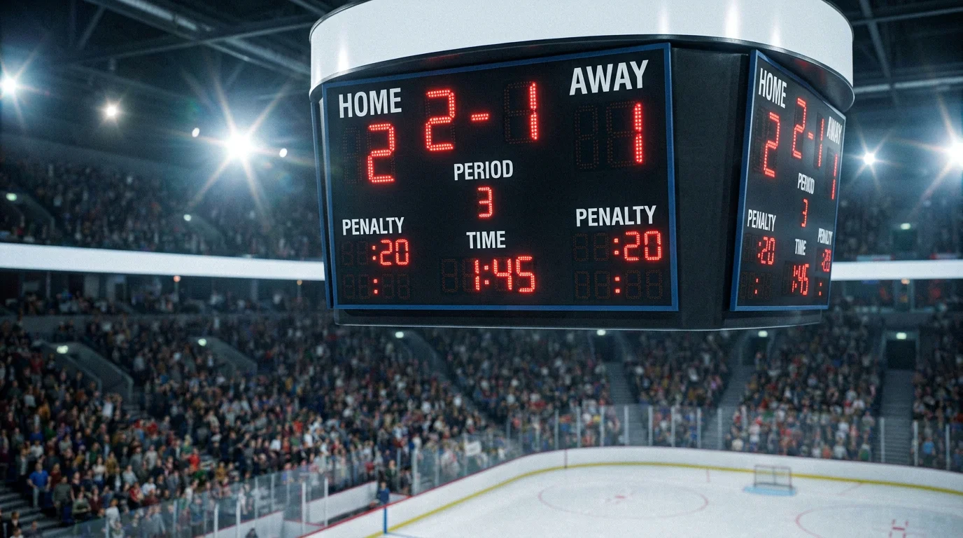 Ice hockey scoreboard showing a tight 2-1 final result, illustrating the one-goal margin risk for puck line betting