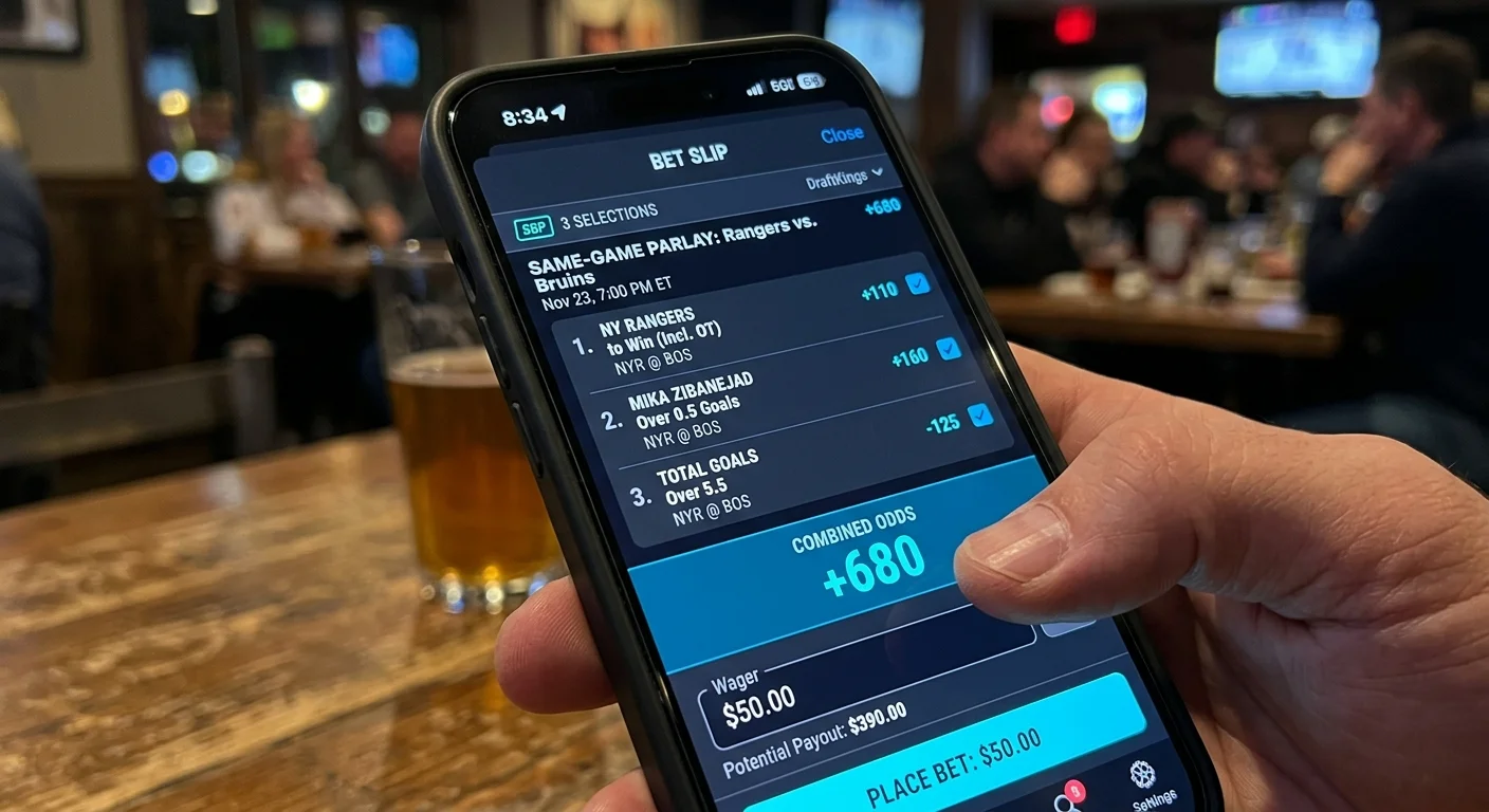 UK bettor building a same-game parlay combining NHL moneyline, totals and player scorer on a bookmaker app