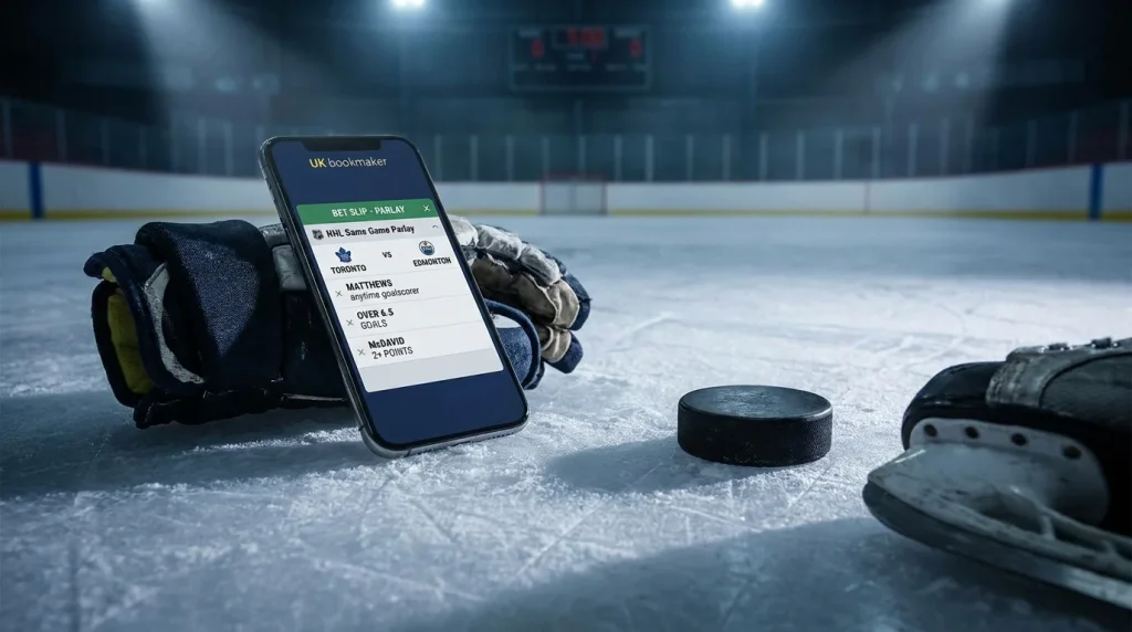 NHL same-game parlay bet slip on a UK bookmaker app