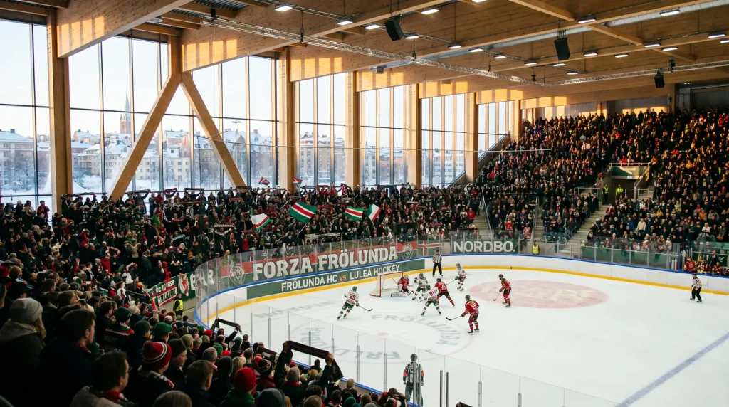 Scandinavian ice hockey game in a Nordic arena showing SHL or Liiga atmosphere