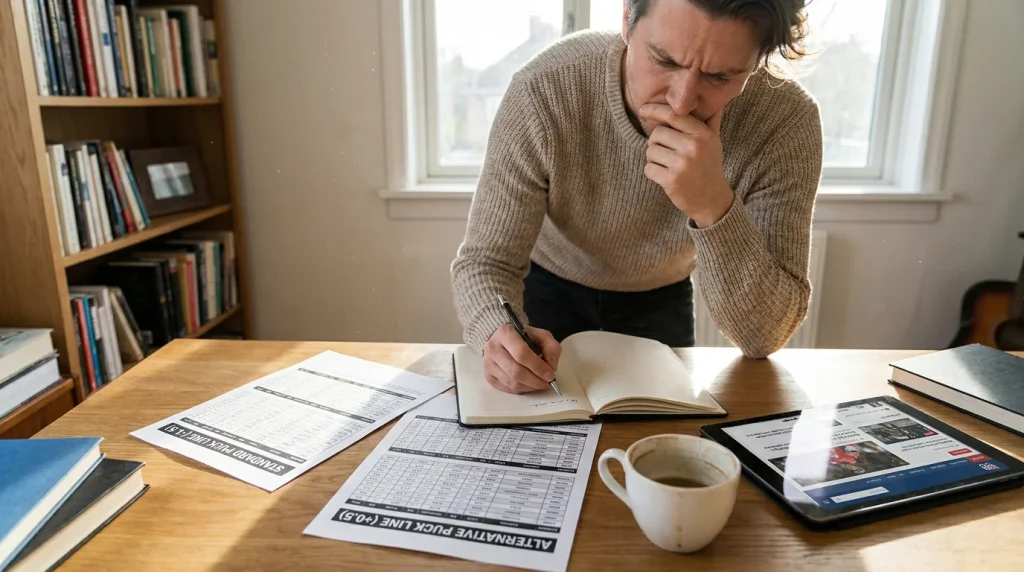 Bettor comparing standard puck line and alternative handicap options for an NHL bet