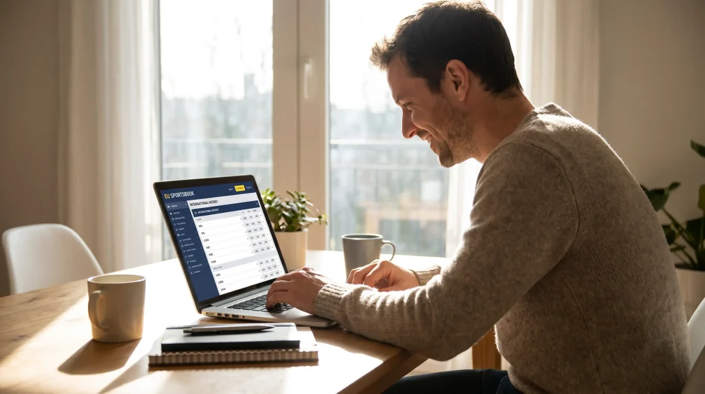 UK bettor reviewing a sports bookmaker account with European hockey markets available