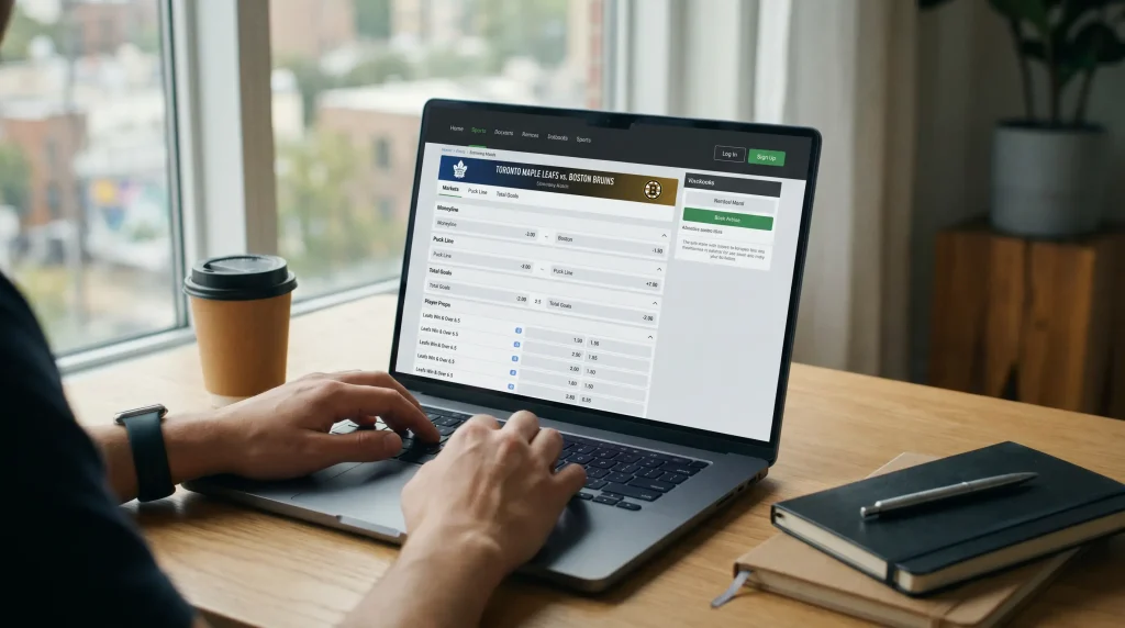 UK bookmaker website showing NHL build-your-bet same-game parlay interface