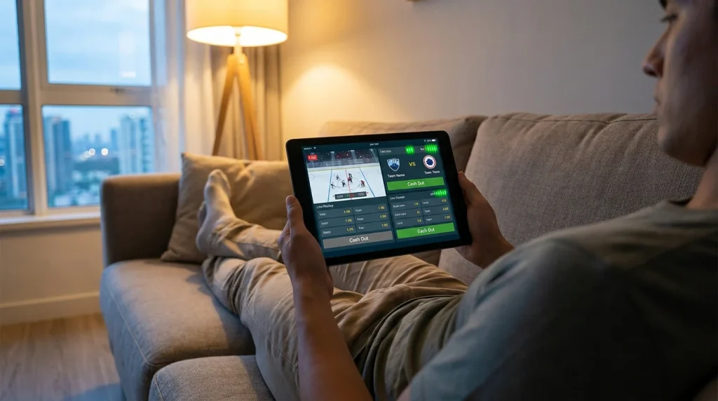 UK bookmaker platform showing cash out availability on NHL in-play markets