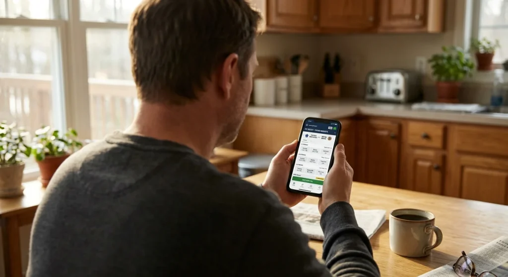 UK bettor reviewing period betting markets for NHL on a mobile phone