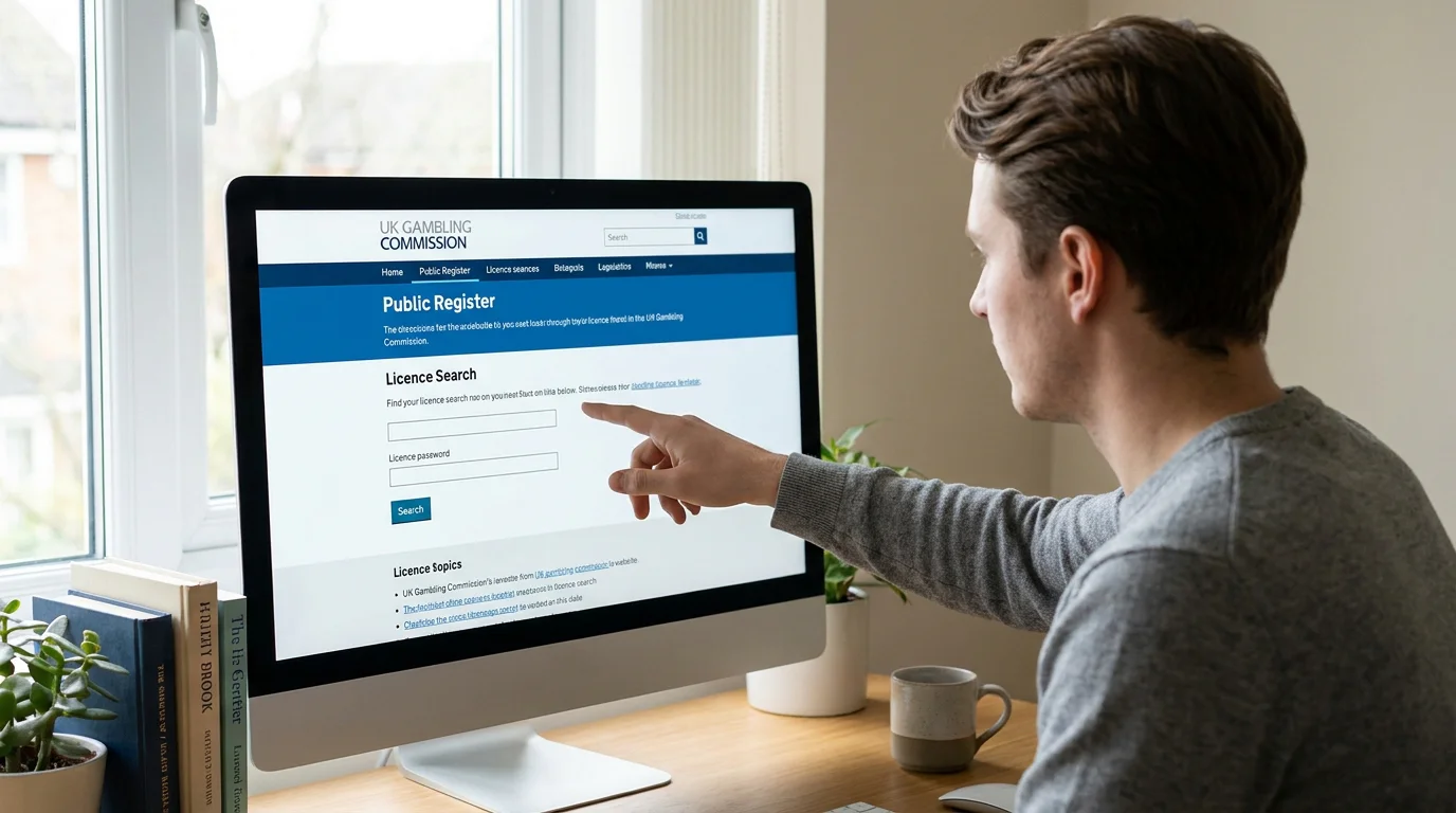 Person checking a bookmaker's UKGC licence number on the Gambling Commission public register website on a desktop