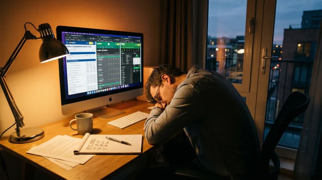 UK bettor comparing IIHF World Championship hockey odds across multiple platforms