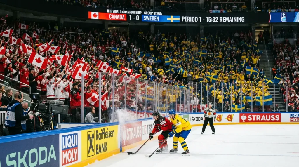 IIHF group stage international hockey game in progress showing tournament betting context